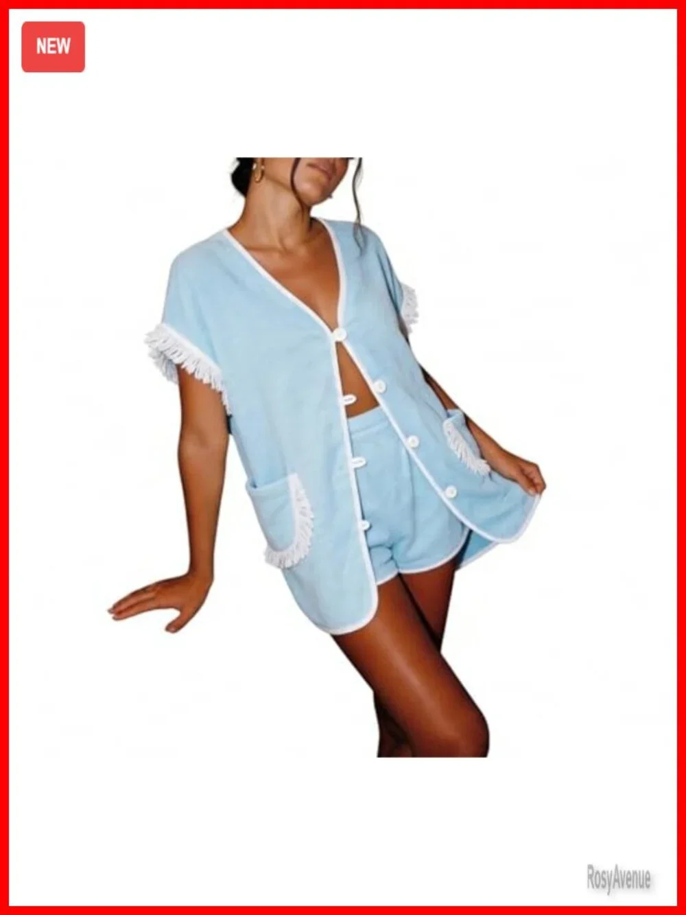 2 Piece Fringed Trim Vacation Outfits Short Sleeve Vneck Button Up Top Shorts